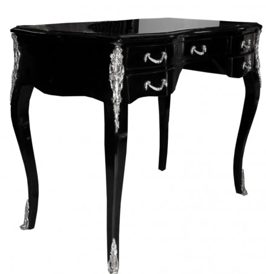 Casa Padrino Luxus Barock Schreibtisch in Schwarz Hochglanz und Silber, 100 x 58 x 80 cm, handgefertigter Sekretär