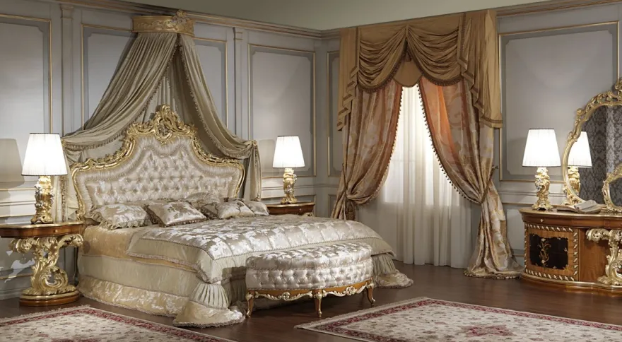 Casa Padrino Luxus Barock Schlafzimmer Set - 1 Doppelbett mit Kopfteil & 1 Baldachin & 2 Nachttische & 1 Sitzbank - Barock Schlafzimmer Möbel - Barock Hotel Möbel - Edel & Prunkvoll