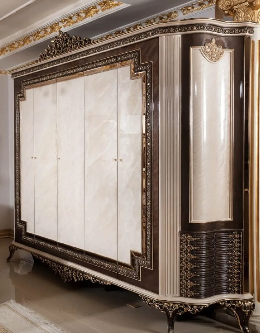 Casa Padrino Luxus Barock Schlafzimmerschrank Creme / Dunkelbraun / Gold 293 cm