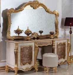 Casa Padrino Luxus Barock Schlafzimmer Set Weiß / Braun / Gold / Silber - 1 Barock Schminkkommode & 1 Barock Spiegel & 1 Barock Hocker - Barock Schlafzimmer Möbel - Edel & Prunkvoll