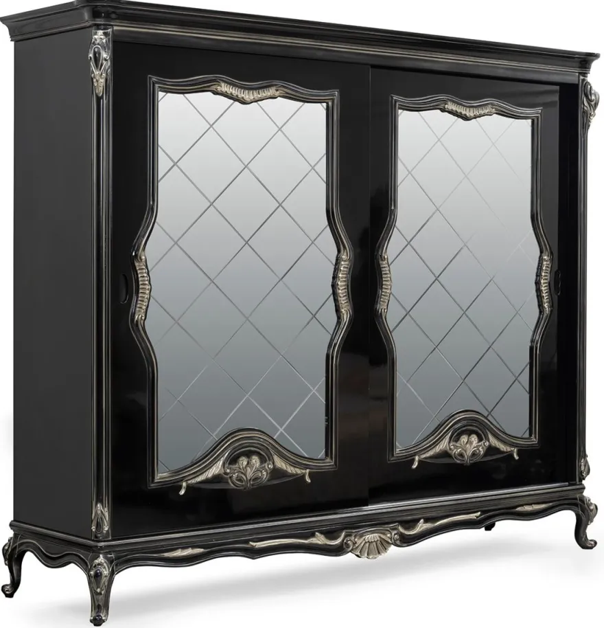 Casa Padrino Luxus Barock Schlafzimmerschrank Schwarz / Silber - Prunkvoller Massivholz Schrank mit 2 verspiegelten Schiebetüren - Barock Kleiderschrank - Barock Schlafzimmer Möbel