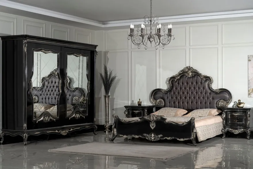 Casa Padrino Luxus Barock Schlafzimmerschrank Schwarz / Silber - Prunkvoller Massivholz Schrank mit 2 verspiegelten Schiebetüren - Barock Kleiderschrank - Barock Schlafzimmer Möbel
