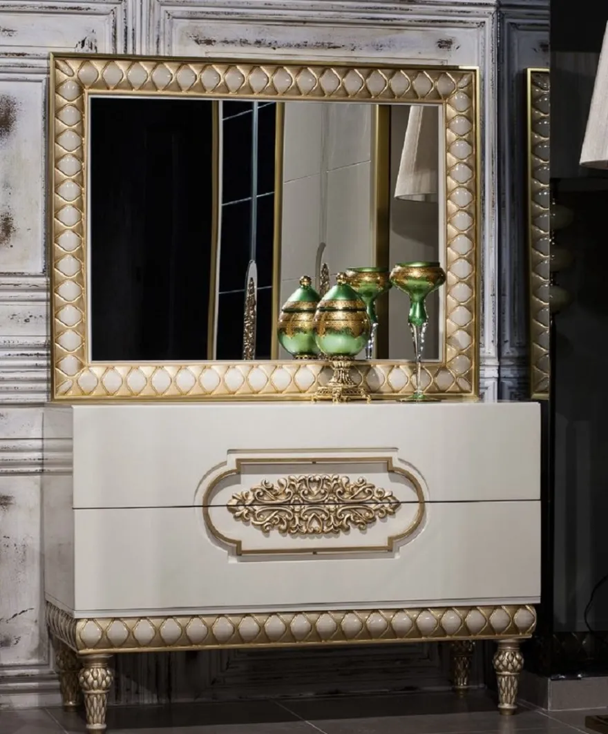 Casa Padrino Luxus Barock Schlafzimmer Kommode mit Spiegel Weiß / Gold - Handgefertigte Barock Schlafzimmer Möbel