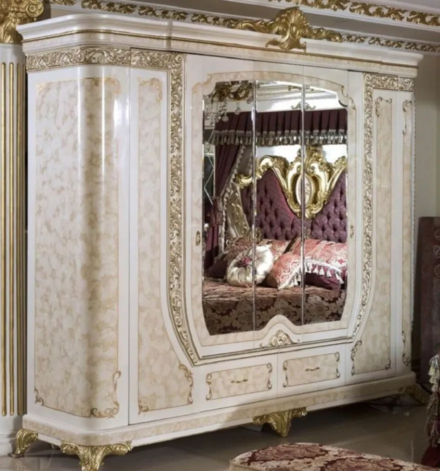 Casa Padrino Luxus Barock Schlafzimmerschrank Weiß / Beige / Gold - Prunkvoller Massivholz Kleiderschrank im Barockstil - Barock Schlafzimmer & Hotel Möbel - Edel & Prunkvoll