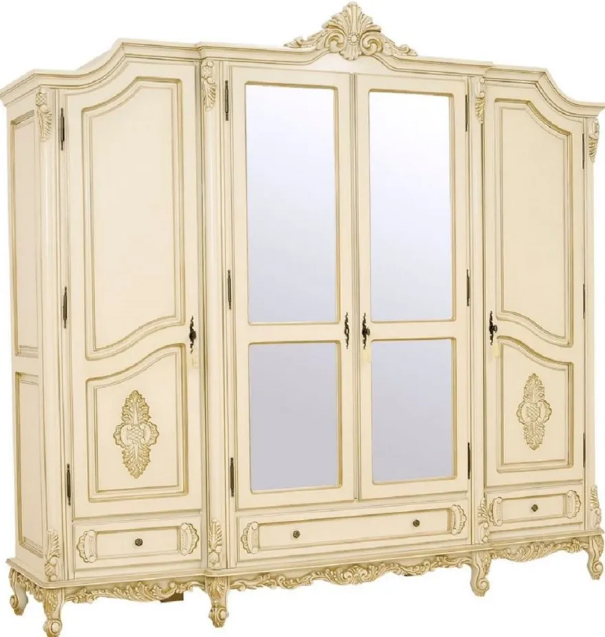 Casa Padrino Luxus Barock Schlafzimmerschrank Creme / Beige - Prunkvoller Massivholz Schrank mit 4 Türen und 3 Schubladen - Barock Kleiderschrank - Barock Schlafzimmer Möbel