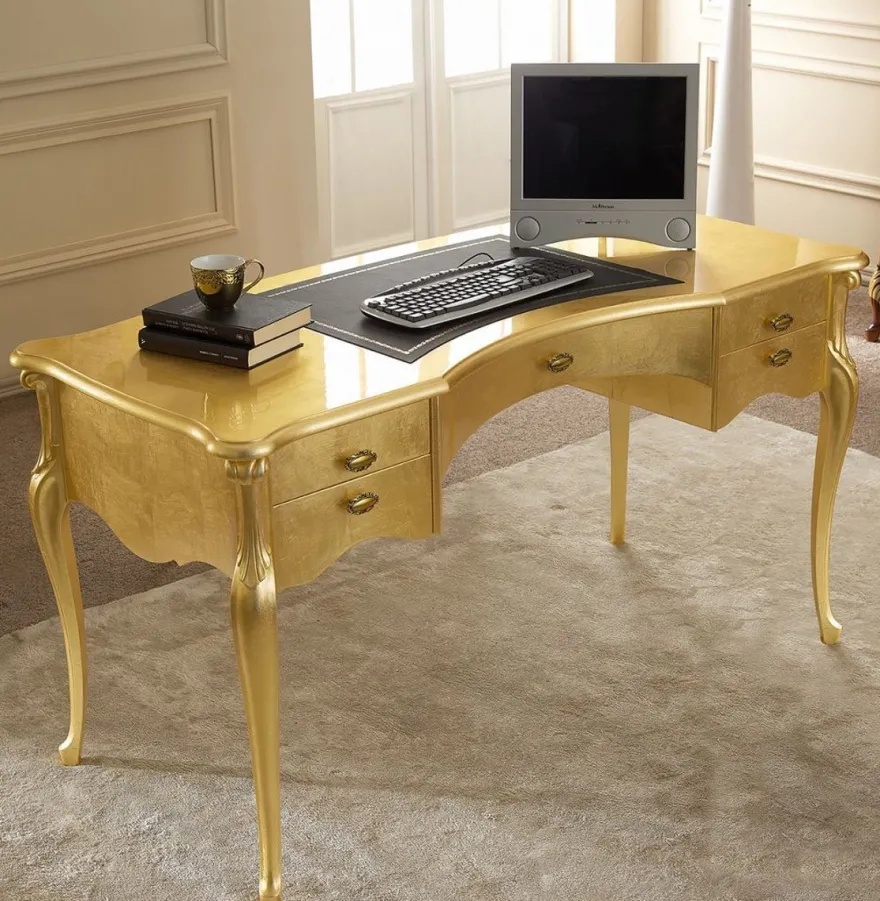 Casa Padrino Luxus Barock Schreibtisch Gold / Schwarz - Edler Massivholz Bürotisch mit 5 Schubladen - Barock Büromöbel - Luxus Qualität - Made in Italy