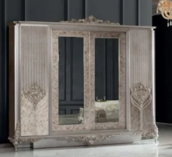 Casa Padrino Luxus Barock Schlafzimmerschrank Silber - Prunkvoller Massivholz Kleiderschrank im Barockstil - Barock Schlafzimmer Möbel