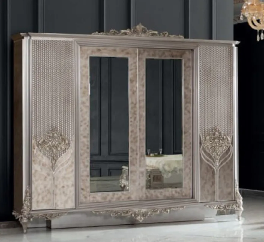 Casa Padrino Luxus Barock Schlafzimmerschrank Silber - Prunkvoller Massivholz Kleiderschrank im Barockstil - Barock Schlafzimmer Möbel
