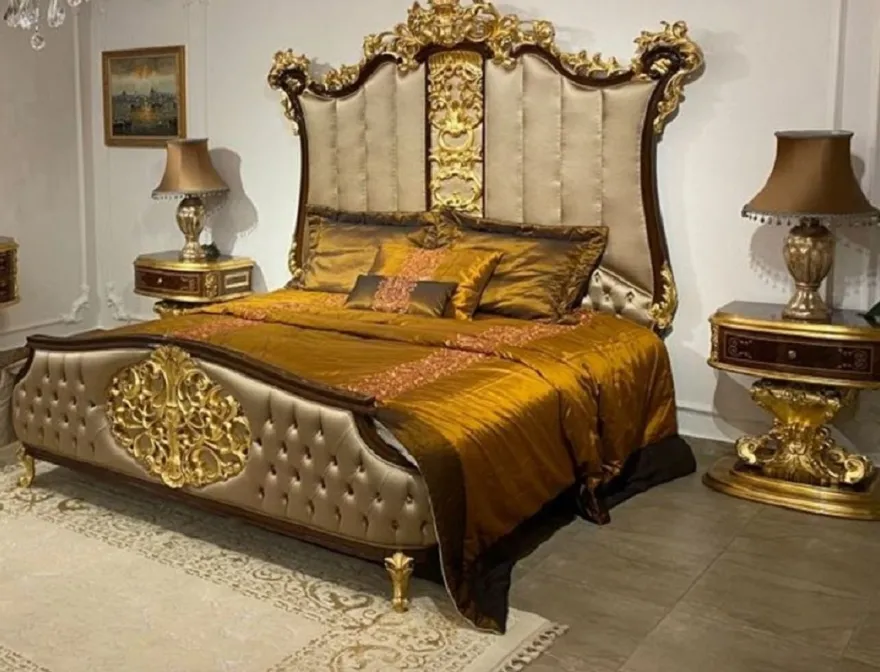 Casa Padrino Luxus Barock Schlafzimmer Set Silber / Dunkelbraun / Gold - 1 Doppelbett mit Kopfteil & 2 Nachtkommoden - Hochwertige Schlafzimmer Möbel im Barockstil - Edel & Prunkvoll