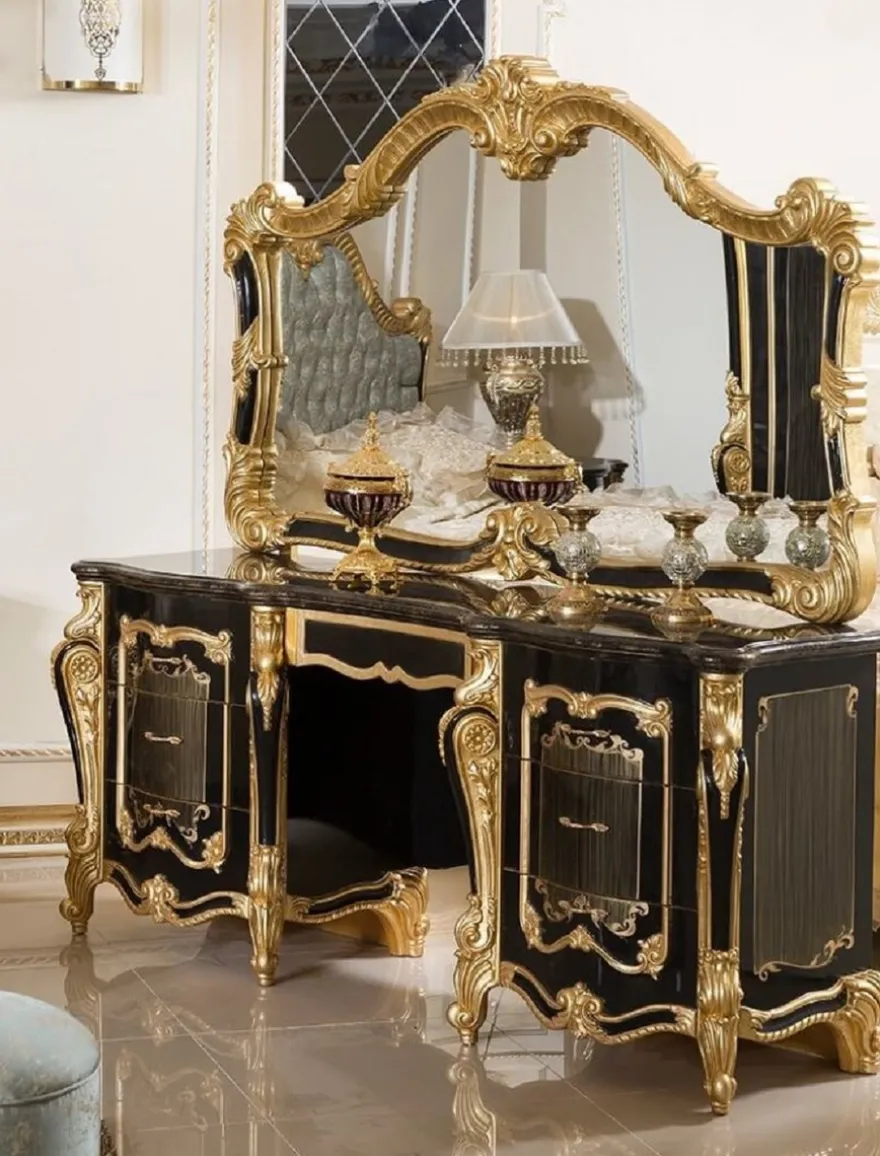Casa Padrino Luxus Barock Schlafzimmer Set Schwarz / Gold / Hellblau - 1 Barock Schminkkommode & 1 Barock Spiegel & 1 Barock Hocker - Barock Schlafzimmer Möbel - Edel & Prunkvoll