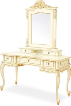 Casa Padrino Luxus Barock Schminktisch mit Spiegel Creme / Beige - Prunkvolle Barockstil Schminkkommode mit Wandspiegel - Luxus Schlafzimmer Möbel im Barockstil - Barock Möbel
