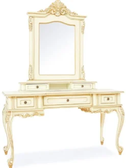 Casa Padrino Luxus Barock Schminktisch mit Spiegel Creme / Beige - Prunkvolle Barockstil Schminkkommode mit Wandspiegel - Luxus Schlafzimmer Möbel im Barockstil - Barock Möbel