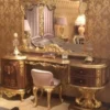 Casa Padrino Luxus Barock Schlafzimmer Set Braun / Rosa / Antik Gold - 1 Schminktisch & 1 Spiegel & 1 Hocker - Prunkvolle Schlafzimmer Möbel im Barockstil - Luxus Qualität