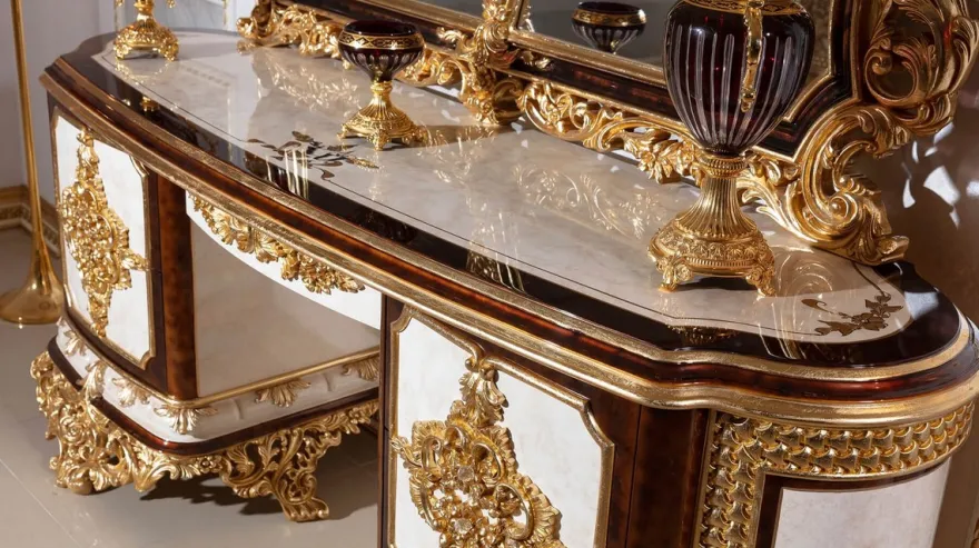 Casa Padrino Luxus Barock Schlafzimmer Set Weiß / Braun / Gold - 1 Barock Schminkkommode mit 5 Schubladen & 1 Barock Spiegel & 1 Barock Hocker - Barock Schlafzimmer Möbel - Edel & Prunkvoll