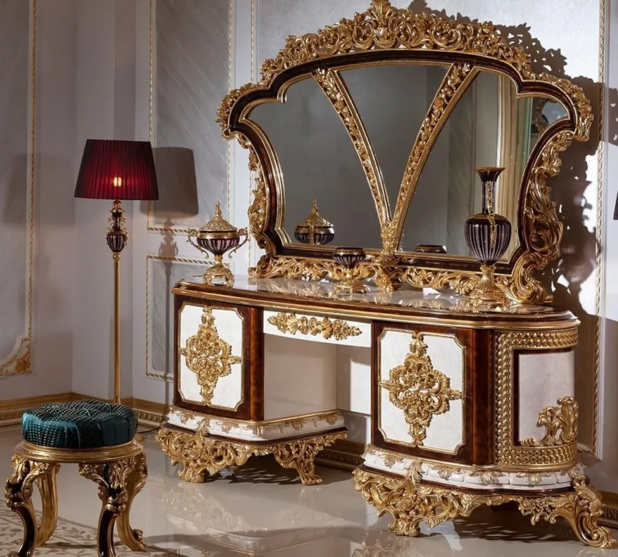 Casa Padrino Luxus Barock Schlafzimmer Set Weiß / Braun / Gold - 1 Barock Schminkkommode mit 5 Schubladen & 1 Barock Spiegel & 1 Barock Hocker - Barock Schlafzimmer Möbel - Edel & Prunkvoll