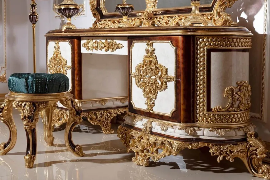 Casa Padrino Luxus Barock Schlafzimmer Set Weiß / Braun / Gold - 1 Barock Schminkkommode mit 5 Schubladen & 1 Barock Spiegel & 1 Barock Hocker - Barock Schlafzimmer Möbel - Edel & Prunkvoll
