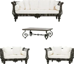 Casa Padrino Luxus Barock Schmiedeeisen Möbel Set Dunkelbraun / Weiß - 1 Luxus Sofa & 2 Luxus Sessel & 1 Luxus Couchtisch - Wohnzimmer Möbel - Garten Möbel - Hotel Möbel - Luxus Barock Möbel