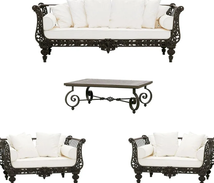 Casa Padrino Luxus Barock Schmiedeeisen Möbel Set Dunkelbraun / Weiß - 1 Luxus Sofa & 2 Luxus Sessel & 1 Luxus Couchtisch - Wohnzimmer Möbel - Garten Möbel - Hotel Möbel - Luxus Barock Möbel