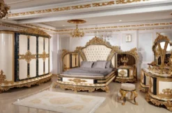 Casa Padrino Luxus Barock Schlafzimmer Set Weiß / Blau / Gold - 1 Barock Schminkkommode mit 5 Schubladen & 1 Barock Spiegel & 1 Barock Hocker - Barock Schlafzimmer Möbel - Edel & Prunkvoll