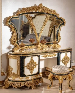 Casa Padrino Luxus Barock Schlafzimmer Set Weiß / Blau / Gold - 1 Barock Schminkkommode mit 5 Schubladen & 1 Barock Spiegel & 1 Barock Hocker - Barock Schlafzimmer Möbel - Edel & Prunkvoll