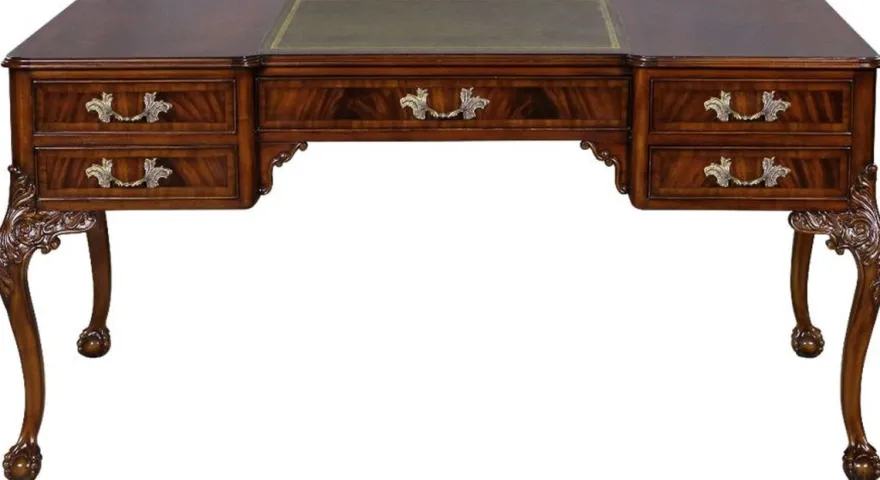Casa Padrino Luxus Barock Schreibtisch Dunkelbraun / Silber / Grau / Gold - Handgefertigter Mahagoni Schreibtisch mit 5 Schubladen - Barock Büro Möbel