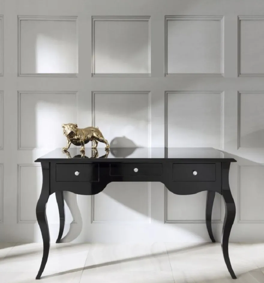 Casa Padrino Luxus Barock Sekretär mit 3 Schubladen Hochglanz Schwarz 130 x 75 x H. 80 cm - Massivholz Schreibtisch im Barockstil - Barock Büro Möbel - Luxus Möbel im Barockstil