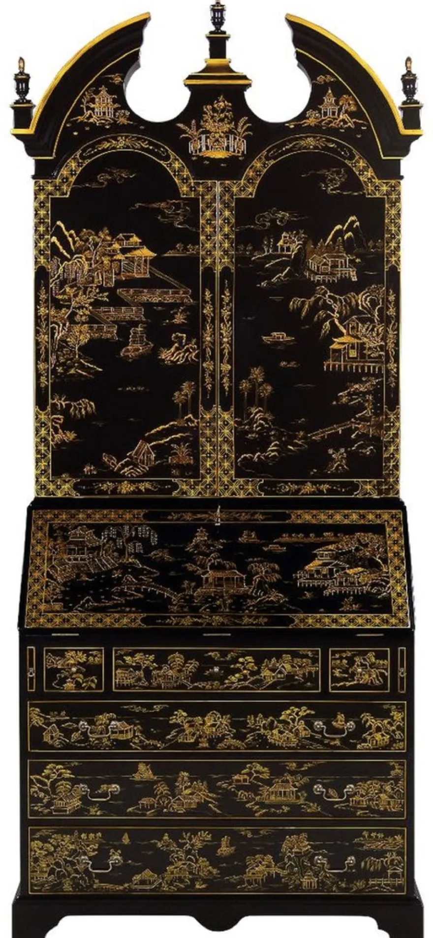 Casa Padrino Luxus Barock Sekretär Schreibtisch Schrank im chinesischen Stil Schwarz / Gold 104 x 58 x H. 238 cm - Prunkvoller Massivholz Büroschrank - Edle Barock Büromöbel