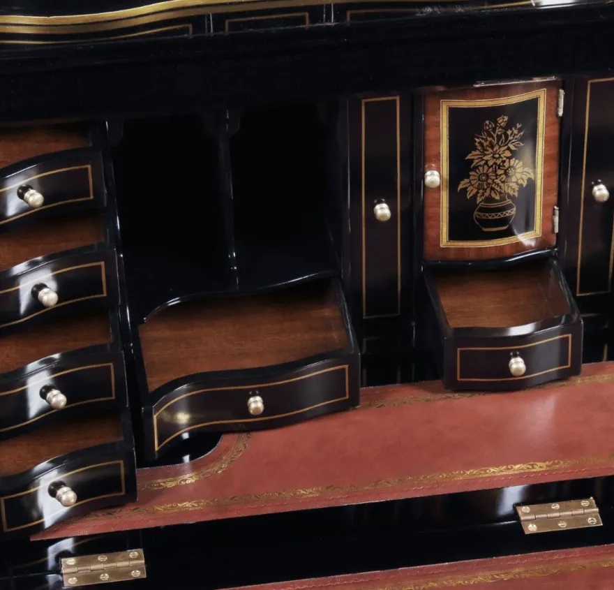 Casa Padrino Luxus Barock Sekretär Schreibtisch Schrank im chinesischen Stil Schwarz / Gold 104 x 58 x H. 238 cm - Prunkvoller Massivholz Büroschrank - Edle Barock Büromöbel