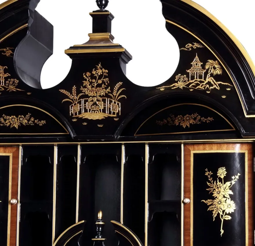 Casa Padrino Luxus Barock Sekretär Schreibtisch Schrank im chinesischen Stil Schwarz / Gold 104 x 58 x H. 238 cm - Prunkvoller Massivholz Büroschrank - Edle Barock Büromöbel