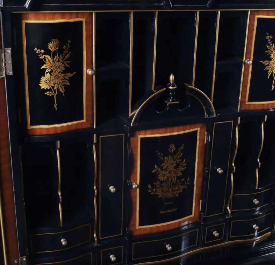 Casa Padrino Luxus Barock Sekretär Schreibtisch Schrank im chinesischen Stil Schwarz / Gold 104 x 58 x H. 238 cm - Prunkvoller Massivholz Büroschrank - Edle Barock Büromöbel