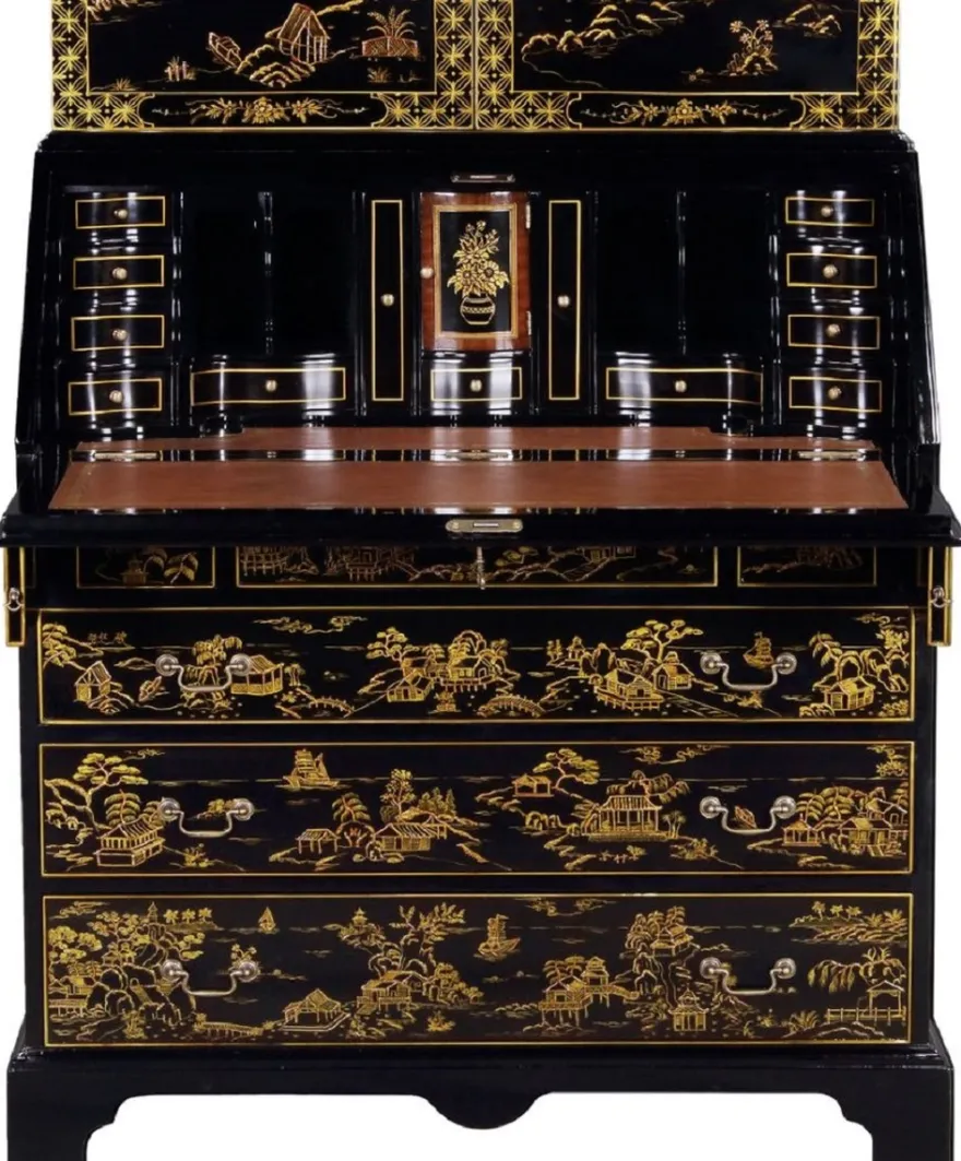 Casa Padrino Luxus Barock Sekretär Schreibtisch Schrank im chinesischen Stil Schwarz / Gold 104 x 58 x H. 238 cm - Prunkvoller Massivholz Büroschrank - Edle Barock Büromöbel