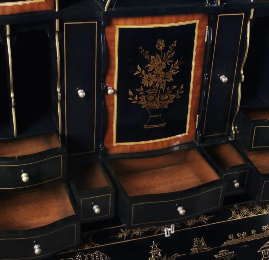 Casa Padrino Luxus Barock Sekretär Schreibtisch Schrank im chinesischen Stil Schwarz / Gold 104 x 58 x H. 238 cm - Prunkvoller Massivholz Büroschrank - Edle Barock Büromöbel