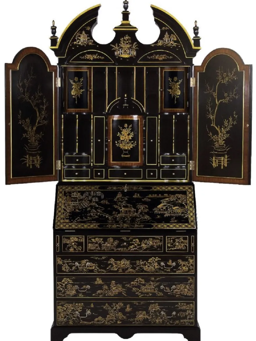 Casa Padrino Luxus Barock Sekretär Schreibtisch Schrank im chinesischen Stil Schwarz / Gold 104 x 58 x H. 238 cm - Prunkvoller Massivholz Büroschrank - Edle Barock Büromöbel