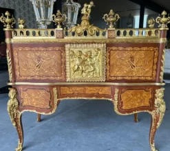 Casa Padrino Luxus Barock Sekretär Braun Intarsien / Gold - Prunkvoller Schreibtisch im Barockstil - Barock Büro Möbel - Möbel im Barockstil - Barock Büro Einrichtung - Edel & Prunkvoll