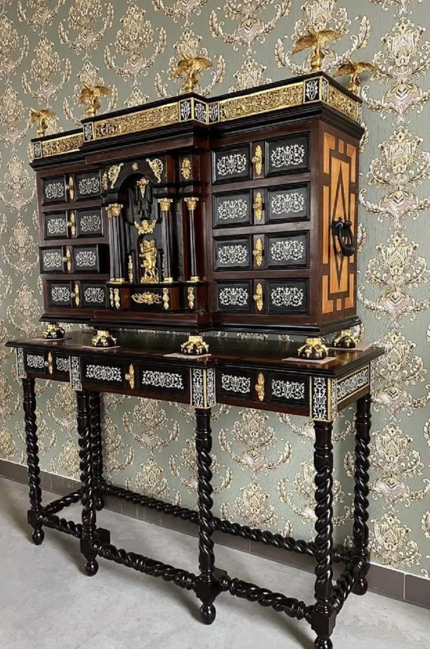Casa Padrino Luxus Barock Sekretär Schwarz / Braun / Gold - Handgefertigter Antik Stil Massivholz Sekretär mit Türen und Schubladen - Barock Büromöbel - Barock Möbel - Edel & Prunkvoll