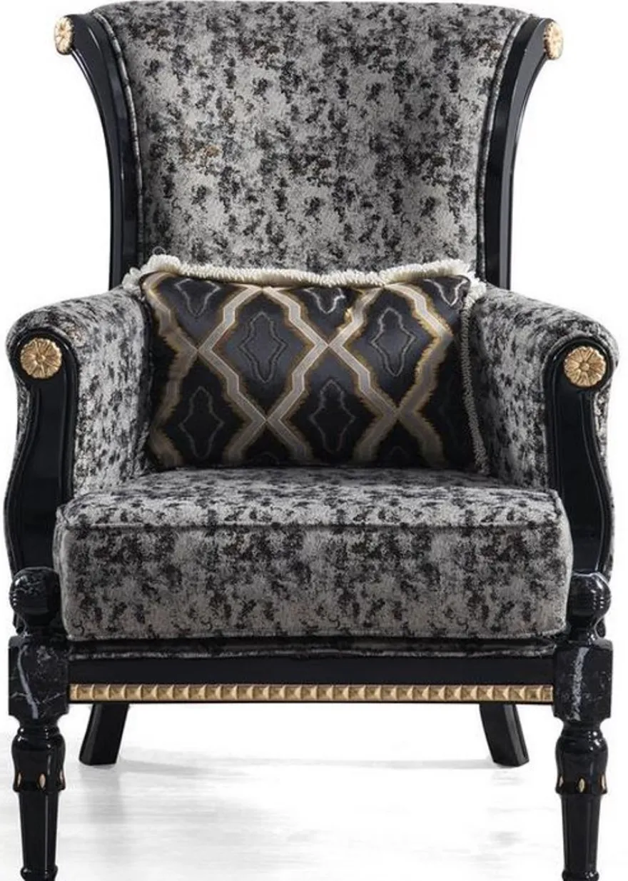 Casa Padrino Luxus Barock Sessel Grau / Schwarz / Gold 90 x 80 x H. 97 cm - Wohnzimmer Sessel mit dekorativem Kissen - Edle Barock Möbel