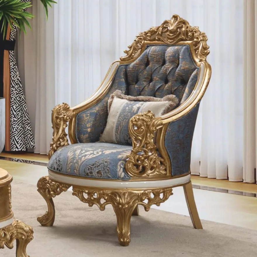 Casa Padrino Luxus Barock Sessel Blau / Weiß / Gold - Barock Wohnzimmer Möbel