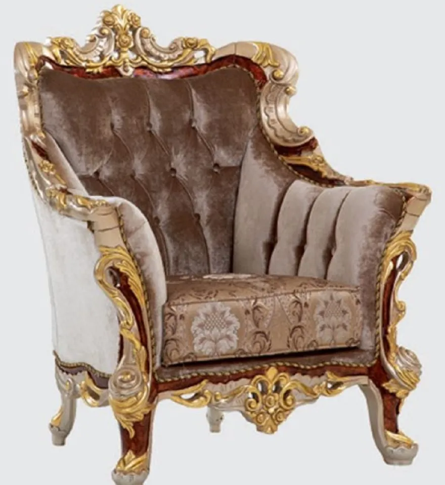 Casa Padrino Luxus Barock Sessel Grau / Braun / Silber / Gold 100 x 90 x H. 113 cm - Prunkvoller Wohnzimmer Sessel mit elegantem Muster - Barock Möbel