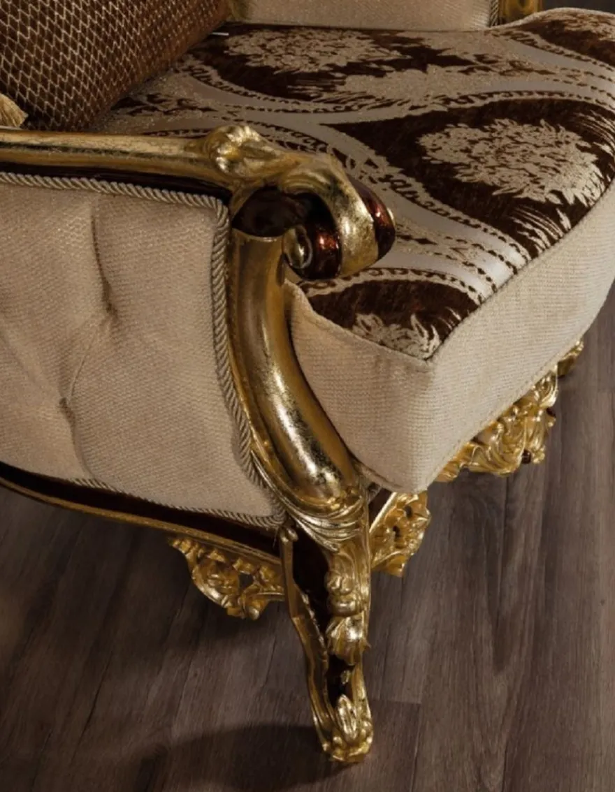 Casa Padrino Luxus Barock Sessel Beige / Braun / Gold - Prunkvoller Wohnzimmer Sessel mit Muster - Barock Wohnzimmer Möbel