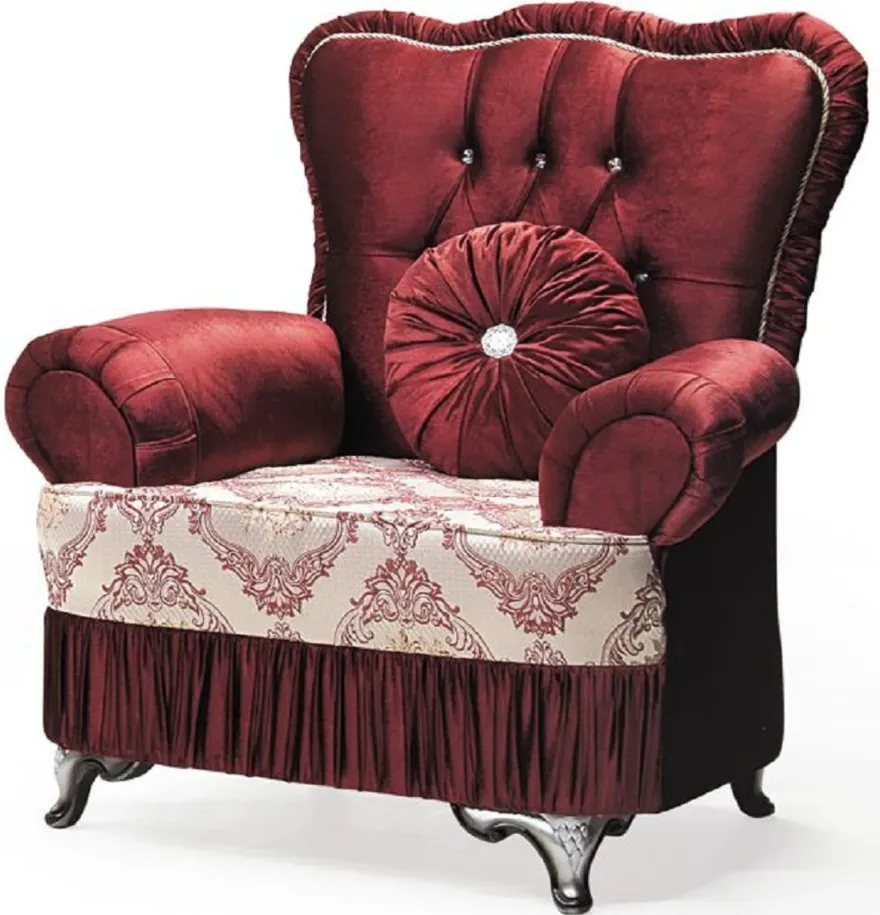 Casa Padrino Luxus Barock Sessel Bordeauxrot / Creme / Silber - Wohnzimmer Sessel mit Muster und Glitzersteinen - Barockstil Wohnzimmer Möbel - Luxus Möbel im Barockstil - Barock Einrichtung
