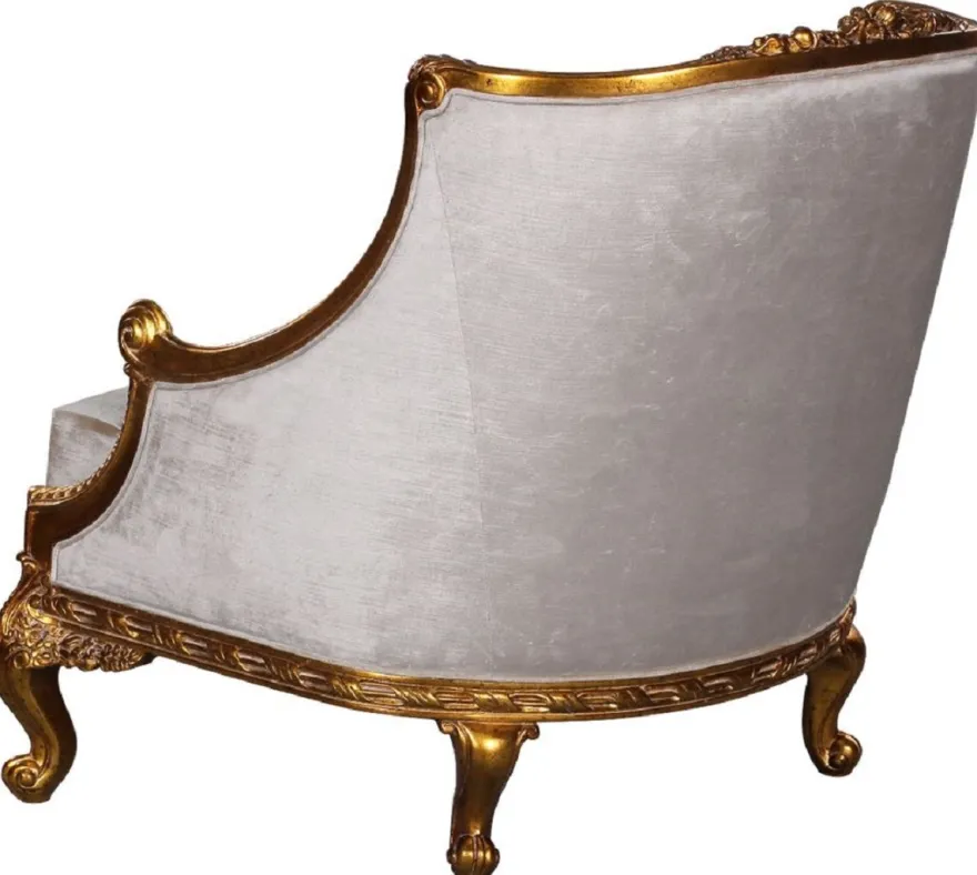 Casa Padrino Luxus Barock Sessel Silber / Gold - Prunkvoller Wohnzimmer Sessel im Barockstil - Barock Wohnzimmer Möbel - Edel & Prunkvoll