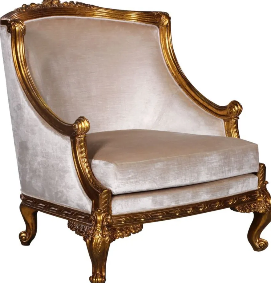 Casa Padrino Luxus Barock Sessel Silber / Gold - Prunkvoller Wohnzimmer Sessel im Barockstil - Barock Wohnzimmer Möbel - Edel & Prunkvoll