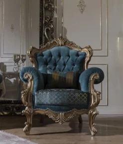 Casa Padrino Luxus Barock Sessel Blau / Gold 97 x 90 x H. 115 cm - Wohnzimmer Sessel mit elegantem Muster und dekorativem Kissen - Barock Wohnzimmer Möbel