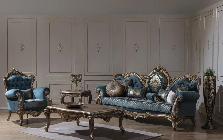 Casa Padrino Luxus Barock Sessel Blau / Gold 97 x 90 x H. 115 cm - Wohnzimmer Sessel mit elegantem Muster und dekorativem Kissen - Barock Wohnzimmer Möbel