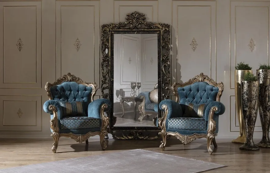 Casa Padrino Luxus Barock Sessel Blau / Gold 97 x 90 x H. 115 cm - Wohnzimmer Sessel mit elegantem Muster und dekorativem Kissen - Barock Wohnzimmer Möbel
