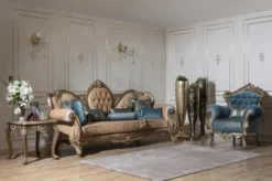 Casa Padrino Luxus Barock Sessel Blau / Gold 97 x 90 x H. 115 cm - Wohnzimmer Sessel mit elegantem Muster und dekorativem Kissen - Barock Wohnzimmer Möbel