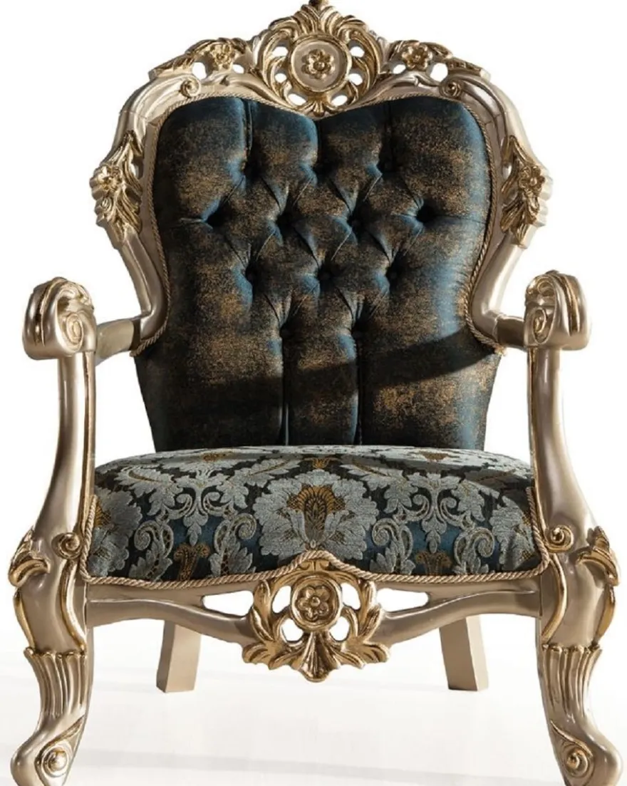 Casa Padrino Luxus Barock Sessel Dunkelblau / Türkis / Silber / Gold - Prunkvoller Wohnzimmer Sessel mit elegantem Muster - Barock Wohnzimmer Möbel