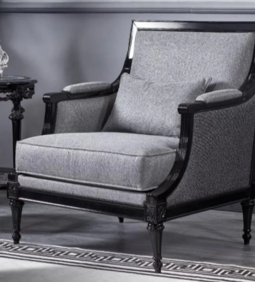 Casa Padrino Luxus Barock Sessel Grau / Schwarz - Prunkvoller Wohnzimmer Sessel - Barockstil Wohnzimmer Möbel - Luxus Möbel im Barockstil - Barock Einrichtung - Edel & Prunkvoll