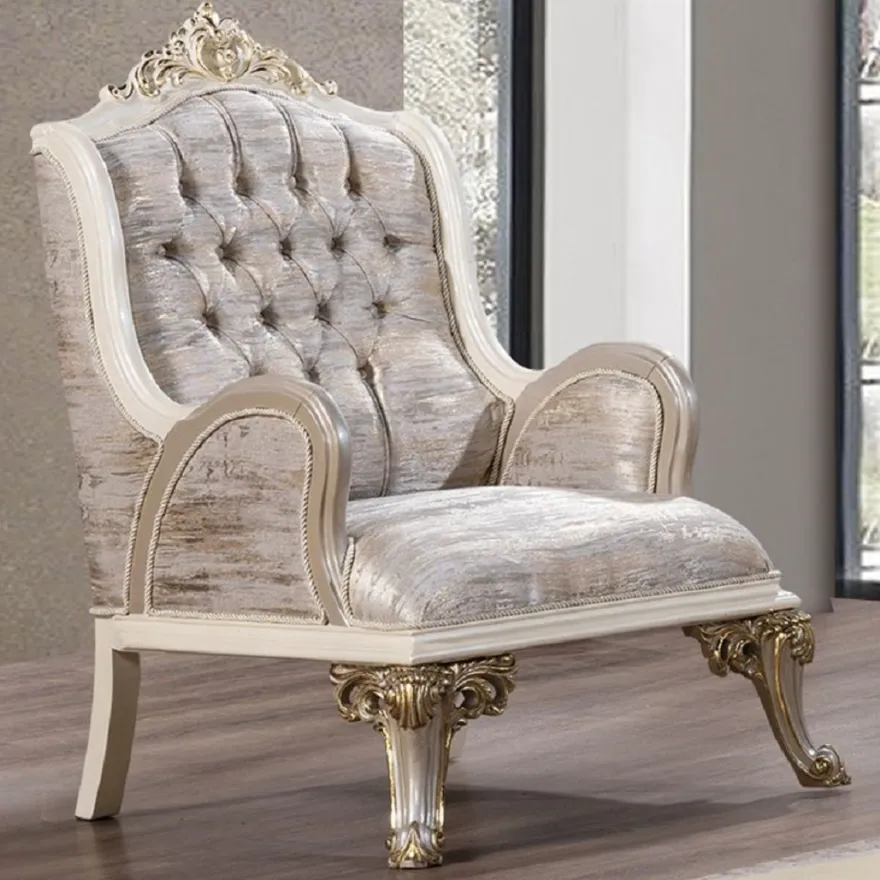 Casa Padrino Luxus Barock Sessel Silber / Weiß / Grau / Gold - Prunkvoller Wohnzimmer Sessel mit elegantem Muster - Luxus Wohnzimmer Möbel im Barockstil - Barock Möbel - Barock Einrichtung