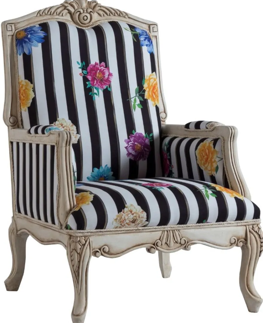 Casa Padrino Luxus Barock Sessel Schwarz / Weiß / Mehrfarbig / Antik Cremefarben 72 x 71 x H. 114 cm - Gestreifter Barockstil Sessel mit Blumenmuster - Barock Wohnzimmer Möbel